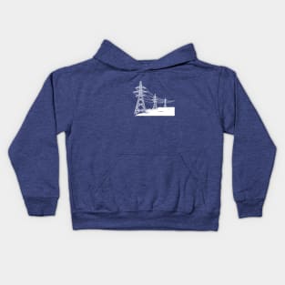 Electricity Pylons Linocut Print. White Silhouette on Blue Kids Hoodie